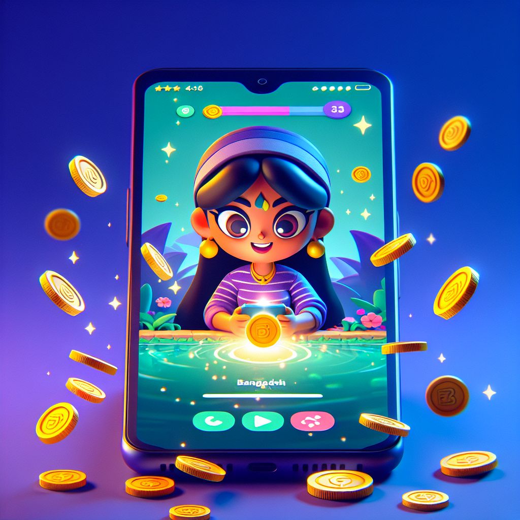 Cartoon-style character holding a smartphone with BDT9999 app interface, coins and Bangladesh-themed accents