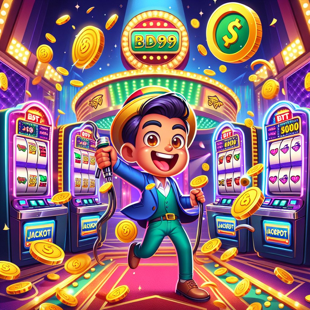 BDT9999 slots themed cartoon character with spinning reels, coins, and jackpot lights
